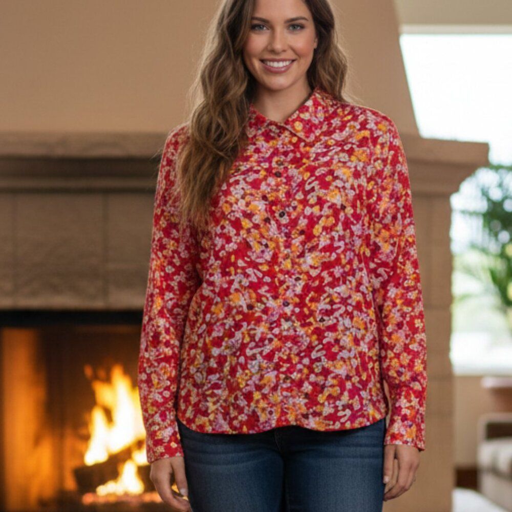 Sanctuary Red Floral Print Gathered Shoulder Long Sleeve Button Down Blouse  2X